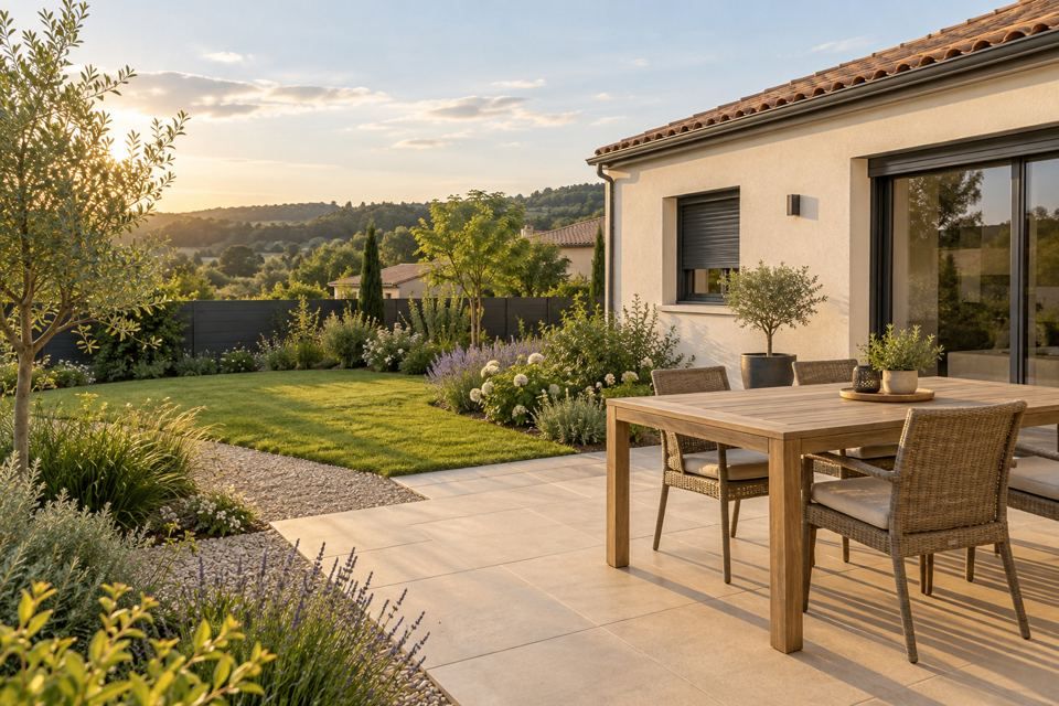 Exemple de photo après : terrasse en dalles, gazon et massifs de lavandes